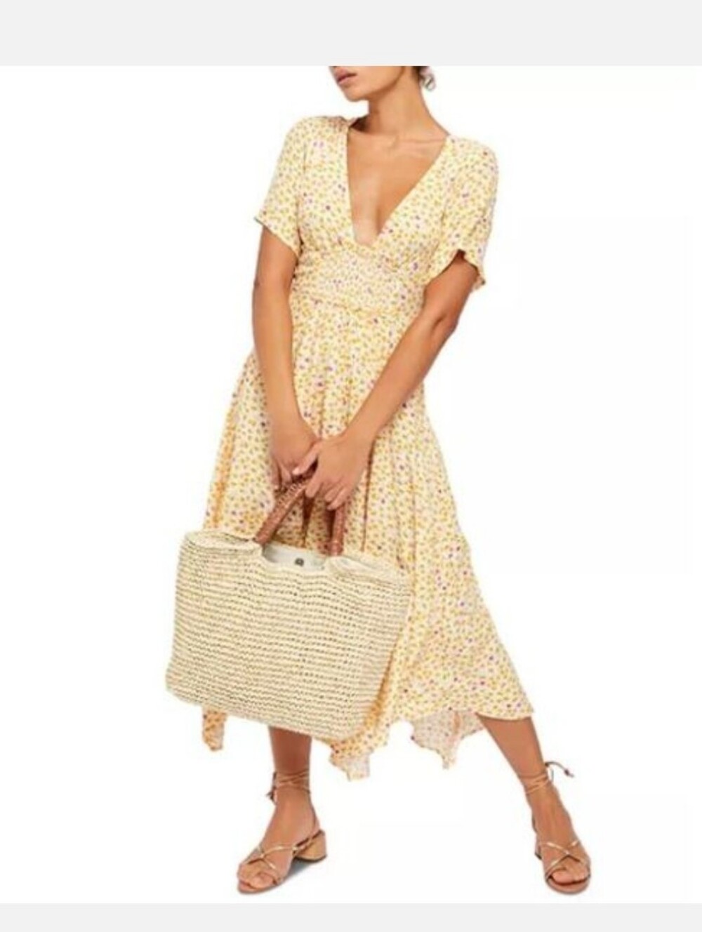 Women’s Yellow Floral Midi Dress with V-Neck